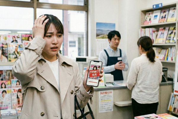 雑誌の予約をしてなくて焦っている若い日本人女性のイメージ画像