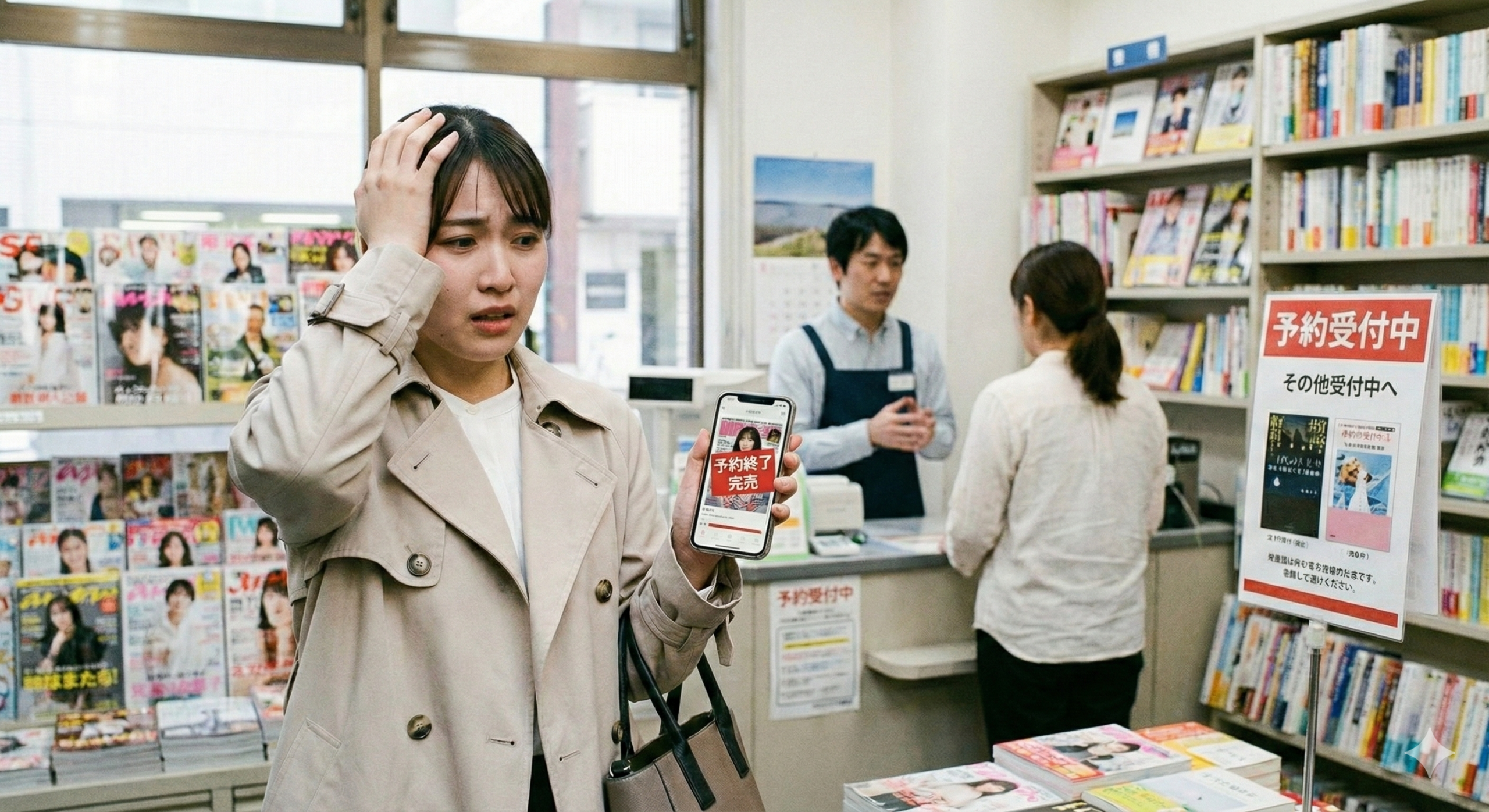 雑誌の予約をしてなくて焦っている若い日本人女性のイメージ画像