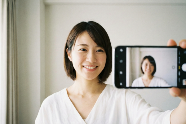 携帯カメラで撮影時のマスク、帽子、サングラスはNGという日本人女性のイメージ画像