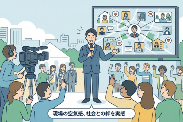 現場での存在感や社会と繋がっている実感を感じている男性アナウンサーの図解画像