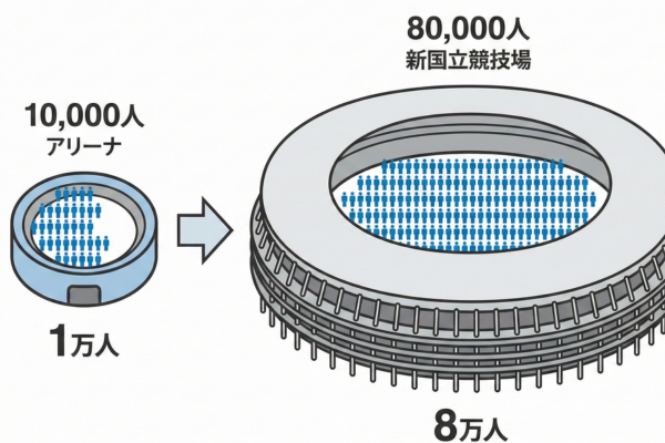 1万人キャパのアリーナと8万人キャパの新国立競技場のキャパの違いの図解画像