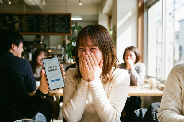 チケットが当選した通知が来て喜んでる20代女性の画像