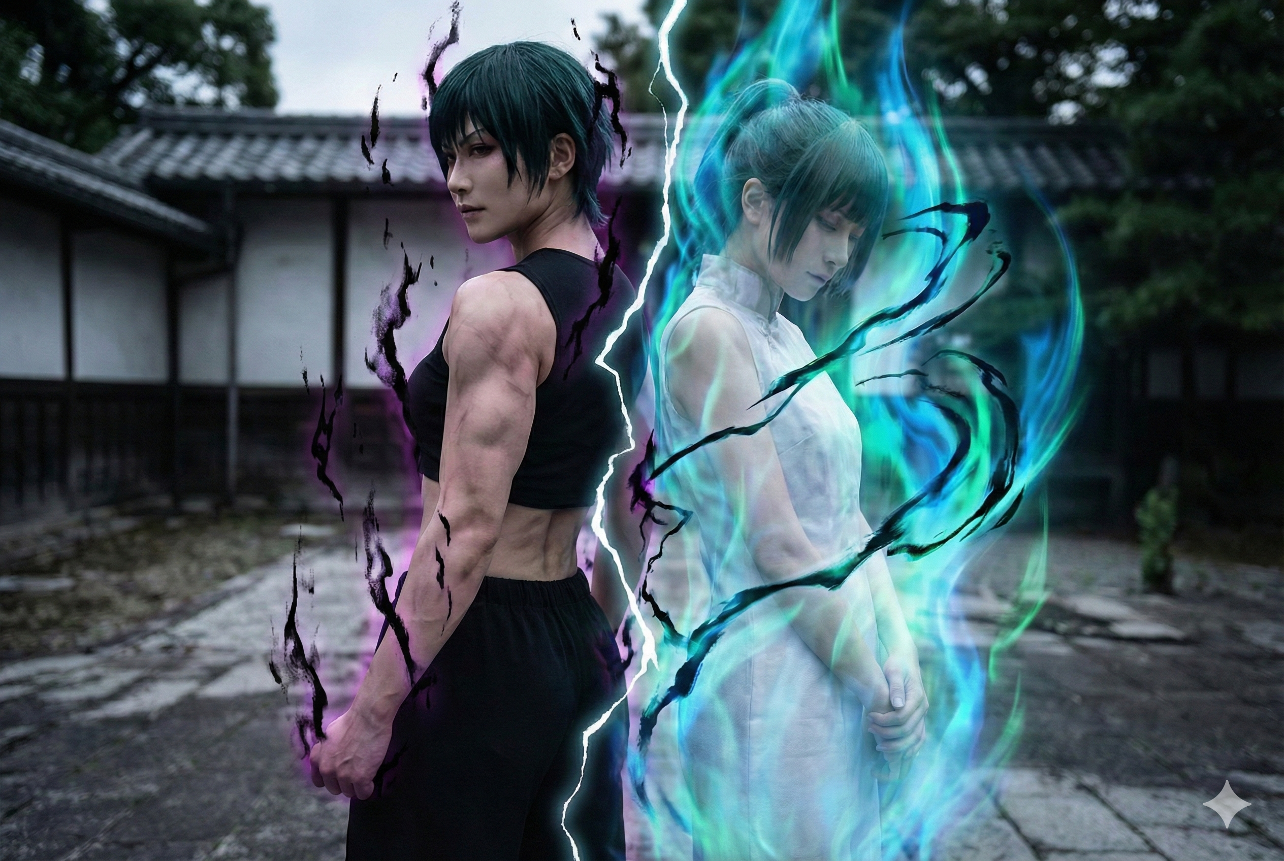 真希と真依が呪力と肉体のバランスが不完全な形で分かれているイメージ画像