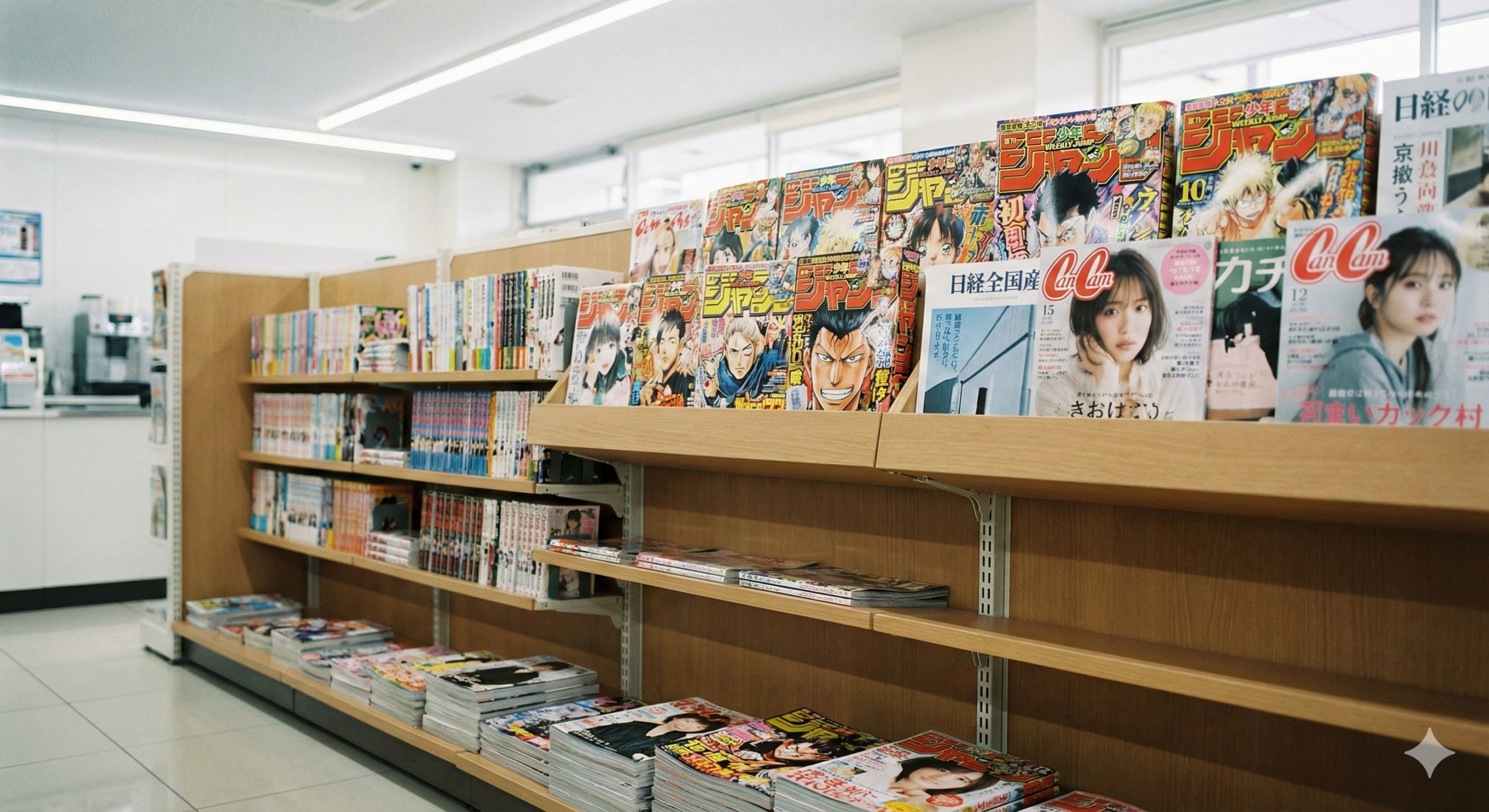 日本のコンビニエンスストアの本棚のイメージ画像