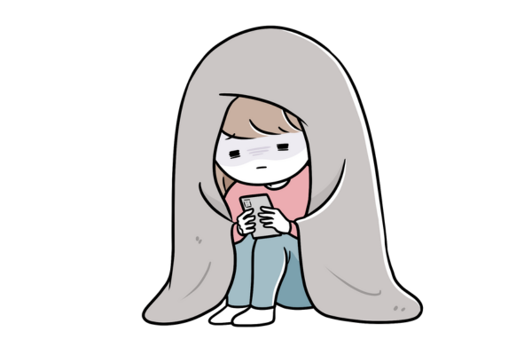 毛布を被って暗い顔でスマホを見る女性の絵の画像