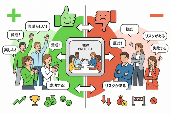 ポジティブとネガティブに意見が分かれているイメージ図解画像