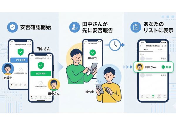 相手があなたよりも先に安否報告を完了させたからLINE安否確認に表示されるというイメージ図解画像