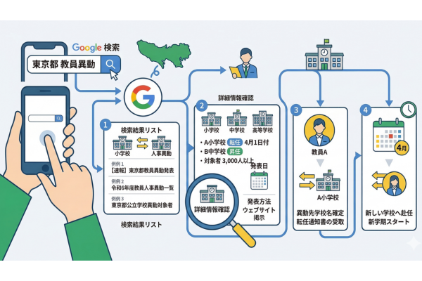 『東京都 教員異動』関連の検索をするイメージ図解画像