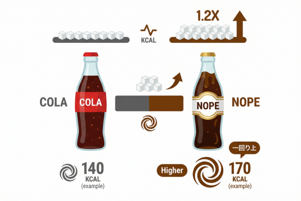 コーラよりも1.2倍甘く、カロリーも甘さも一回り上の飲み物NOPEのイメージ図解画像