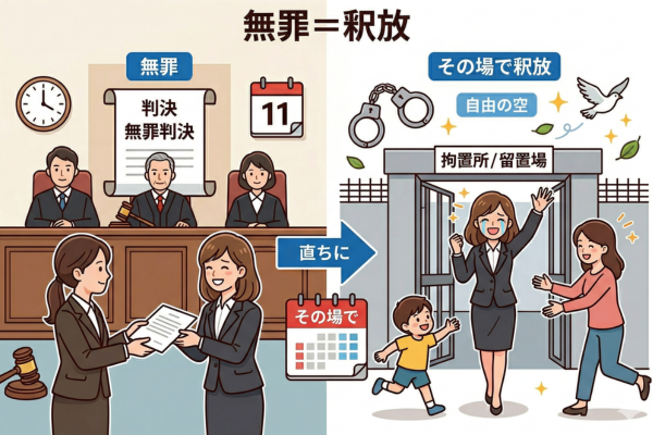 無罪＝その場で釈放というイメージ図解画像