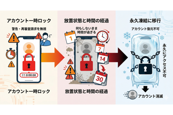 アカウントを一時ロックのまま放置していると永久凍結に移行してしまう可能性があるというイメージ図解画像