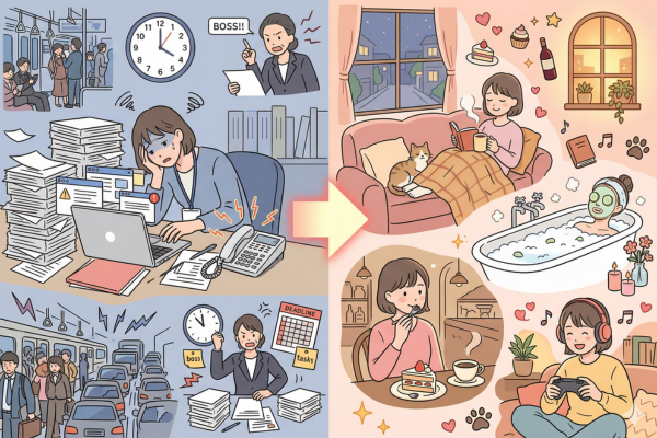 ストレスフルな日常の中で、自分を甘やかす時間を求める20〜30代のイメージ図解画像