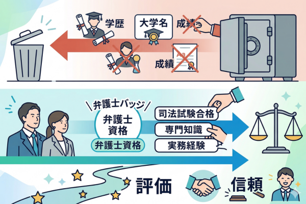 弁護士の世界は、学歴ではなく資格で評価される数少ない職業というイメージ図解画像
