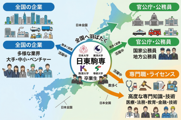 日東駒専の卒業生は全国の企業・官公庁・専門職に数多く就いてるというイメージ図解画像