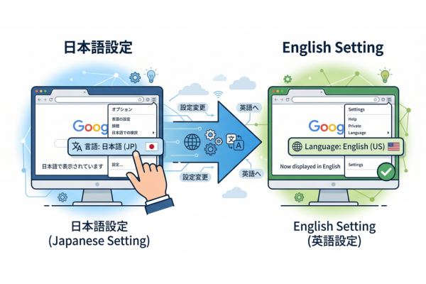 ブラウザの言語設定を英語に変更するイメージ図解画像