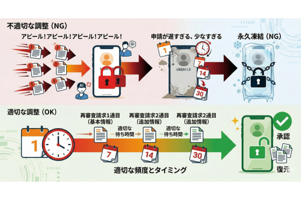 アカウント凍結の異議申し立て申請の頻度とタイミングを調整するイメージ図解画像