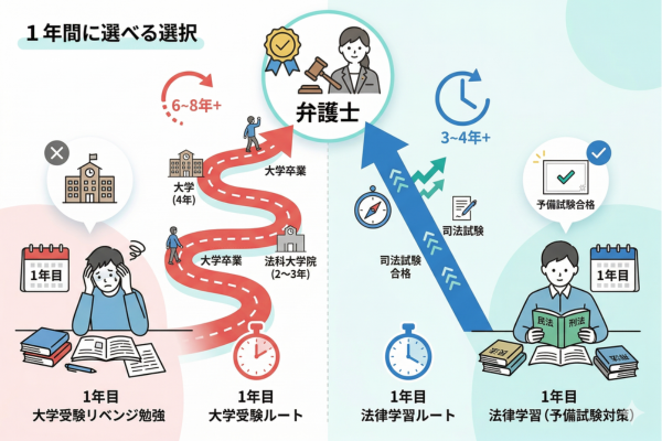 大学受験のリベンジに1年を使うよりも、その1年を法律学習に使う方が、弁護士というゴールへの最短距離になるというイメージ図解画像