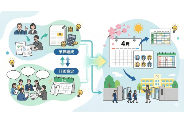 年度末の予算編成や新年度の学校運営計画のイメージ図解画像