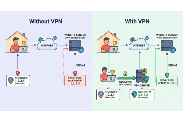 VPNでIPアドレスを変更するイメージ図解画像