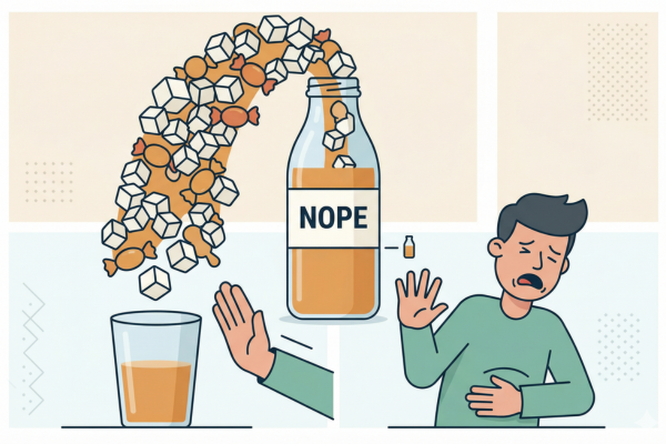 NOPEというジュースが甘すぎて1本飲み切れないというイメージ図解画像