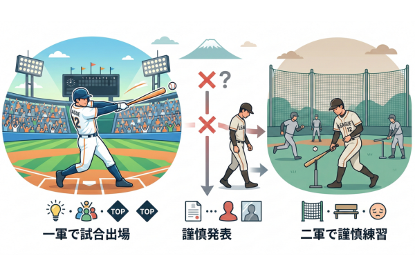 プロ野球選手の試合出場見合わせや二軍謹慎されるのイメージ図解画像