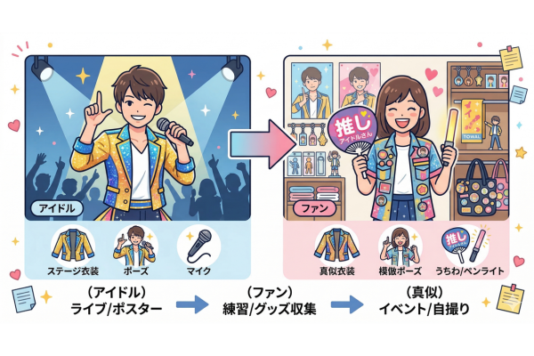 熱心な女性ファンによる男性アイドルの真似というイメージ図解画像