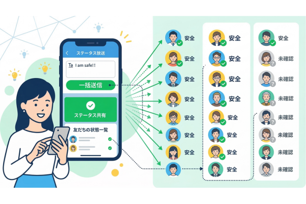 自分の状況をLINEの友だちみんなに一括で伝えることができ、友だちの安否状況も一覧で確認できて便利というイメージ図解画像