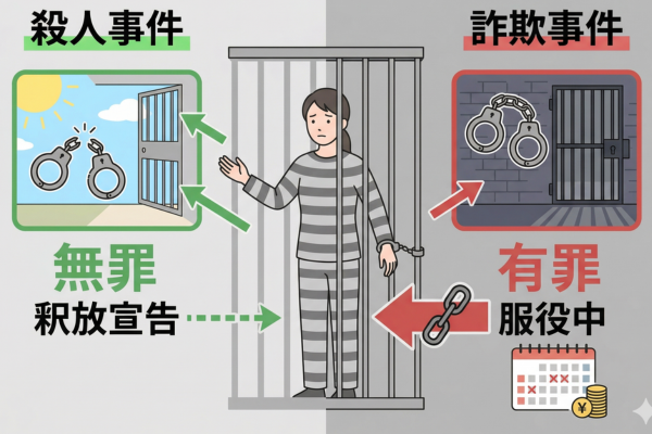 殺人事件では無罪になったものの、詐欺事件の服役のために身柄の拘束自体は続いていたイメージ図解画像