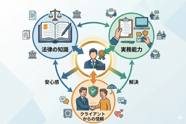 弁護士に問われるのは法律の知識・実務能力・クライアントからの信頼というイメージ図解画像