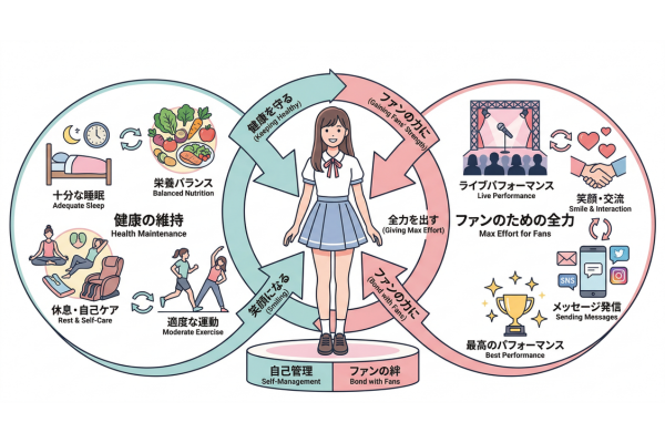 女性アイドルが自分の健康を守りながらファンのために全力を出すイメージ図解画像