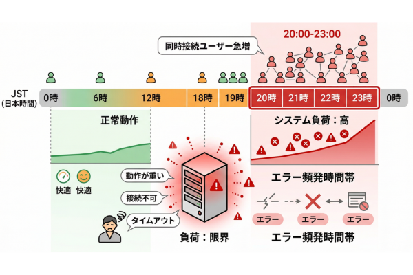 日本時間の20時から23時は同時接続ユーザーが集中するため、この時間帯にエラーが頻発する傾向があるイメージ図解画像