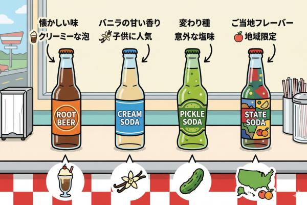 アメリカのダイナーに並んでいそうなクセのある炭酸飲料のイメージ図解画像