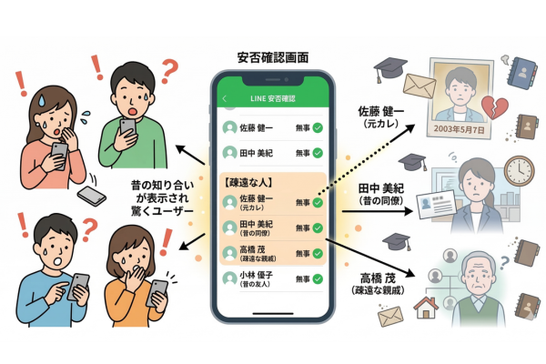 LINEの安否確認で昔の知り合いや連絡を取らなくなった人の名前が表示されてビックリした人が多かった、というイメージ図解画像