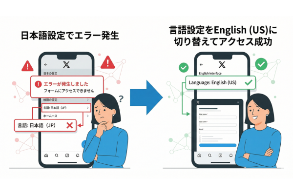 Xの言語設定を英語（US）に切り替えてからフォームにアクセスし直したところ、エラーが解消されたイメージ図解画像