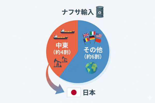 日本はナフサ輸入の約4割を中東に頼っているというイメージ図解画像