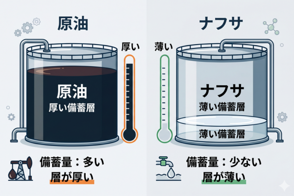 ナフサは原油と違って備蓄の層が薄いというイメージ図解画像
