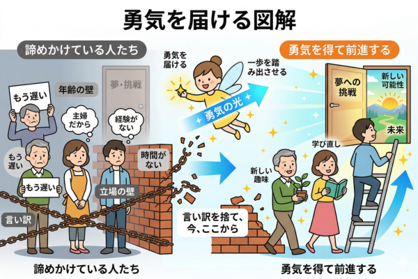 年齢や立場を言い訳にして何かを諦めかけている人たち勇気を届けている、というイメージ図解画像
