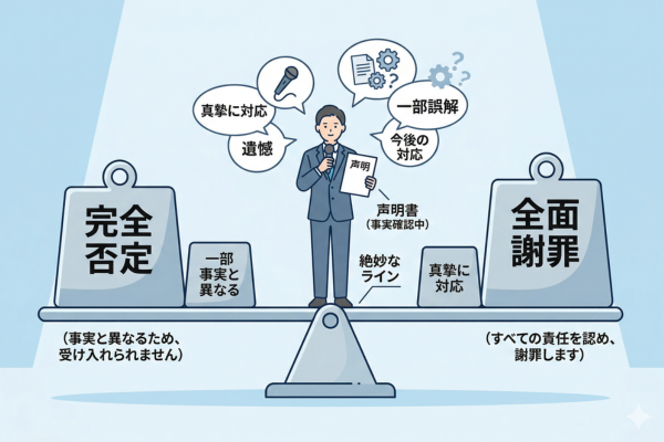 完全否定でもなく、全面謝罪でもない、なんとも絶妙なラインでの声明のイメージ図解画像