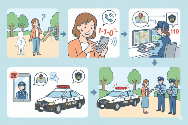 行方不明になった児童の母親が110番通報するイメージ図解画像