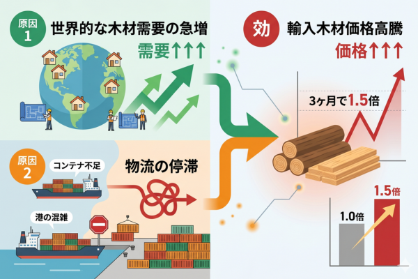 コロナ禍で世界的に木材需要が急増する一方で物流が停滞し、輸入木材の価格が3ヶ月で1.5倍になるというイメージ図解画像