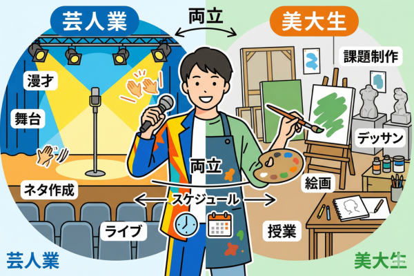 芸人業と美大生を両立するというイメージ図解画像