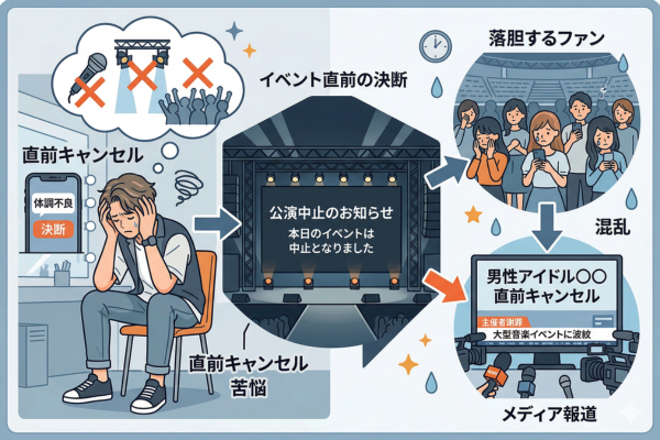 大型音楽イベントを直前にキャンセルした男性アイドルというイメージ図解画像