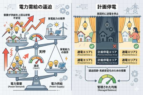 計画停電や電力需給の逼迫という事態のイメージ図解画像
