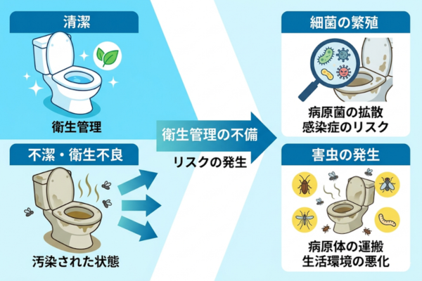 トイレ問題で細菌の繁殖や害虫の発生リスクというイメージ図解画像