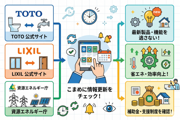 TOTOやLIXILの公式サイトや資源エネルギー庁の更新情報はこまめにチェックするというイメージ図解画像
