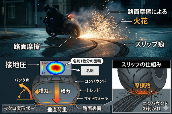 バイクのタイヤの接地圧や路面摩擦による火花、スリップ痕といった細部が丁寧に描き込まれていている映画のイメージ図解画像