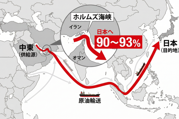 中東産原油のうち、90〜93%がホルムズ海峡を経由して日本に運ばれてきているというイメージ図解画像