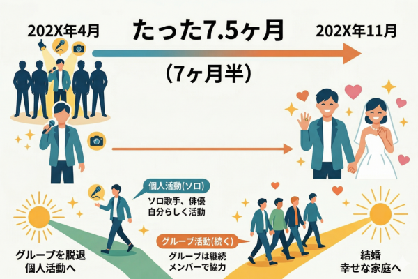 脱退から結婚まで、たった7ヶ月半という男性アイドルのイメージ図解画像