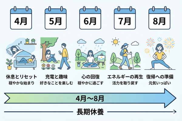 4月から約5ヶ月にわたる長期休養というイメージ図解画像