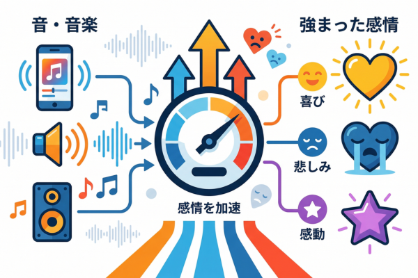 音と音楽が感情を加速させるというイメージ図解画像